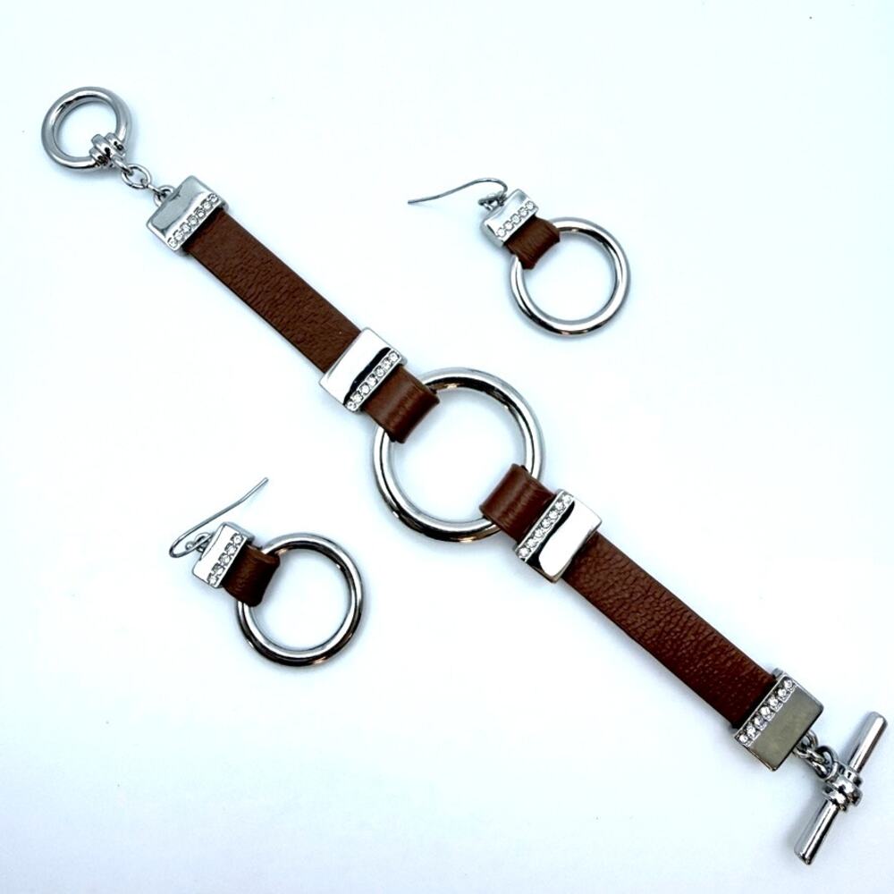 WHBM White House Black Market Leather Bracelet Earring Set Silver Crystal Ring